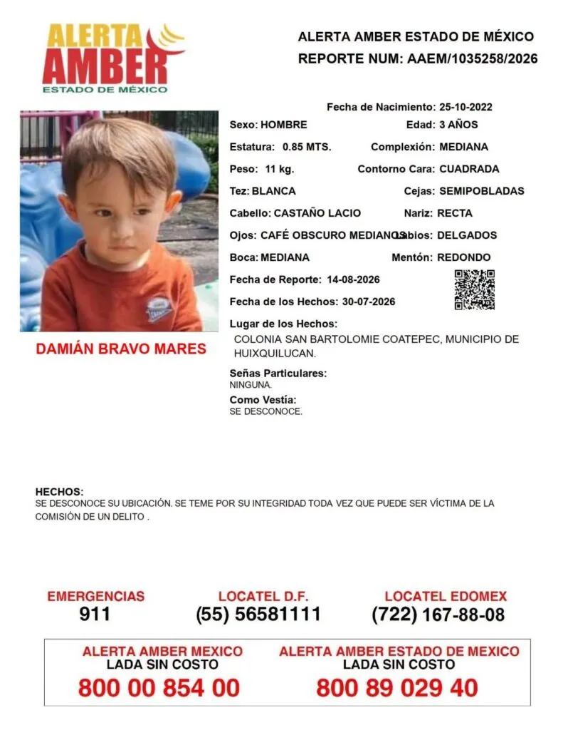 Alerta Amber: Se busca a Damián Bravo Mares, desaparecido en Huixquilucan