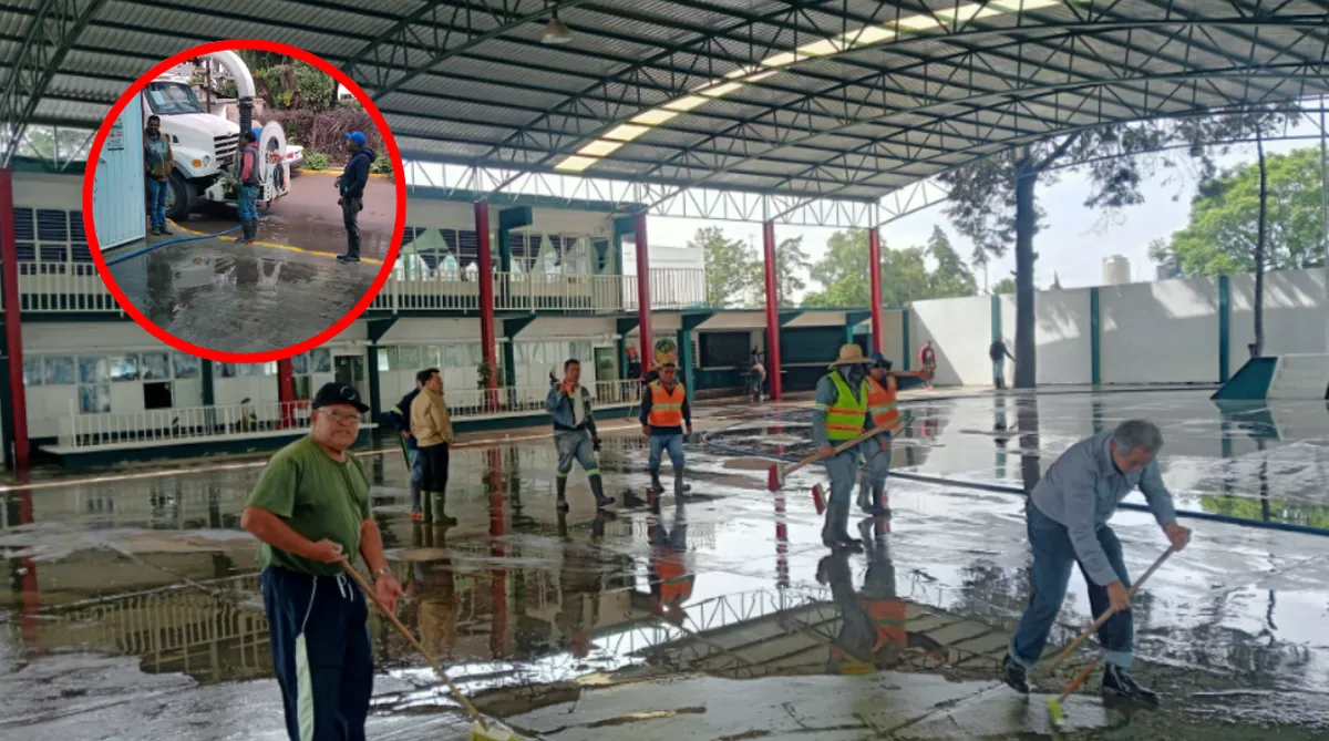 Acolman: realizan labores de limpieza en primaria afectada tras fuertes lluvias