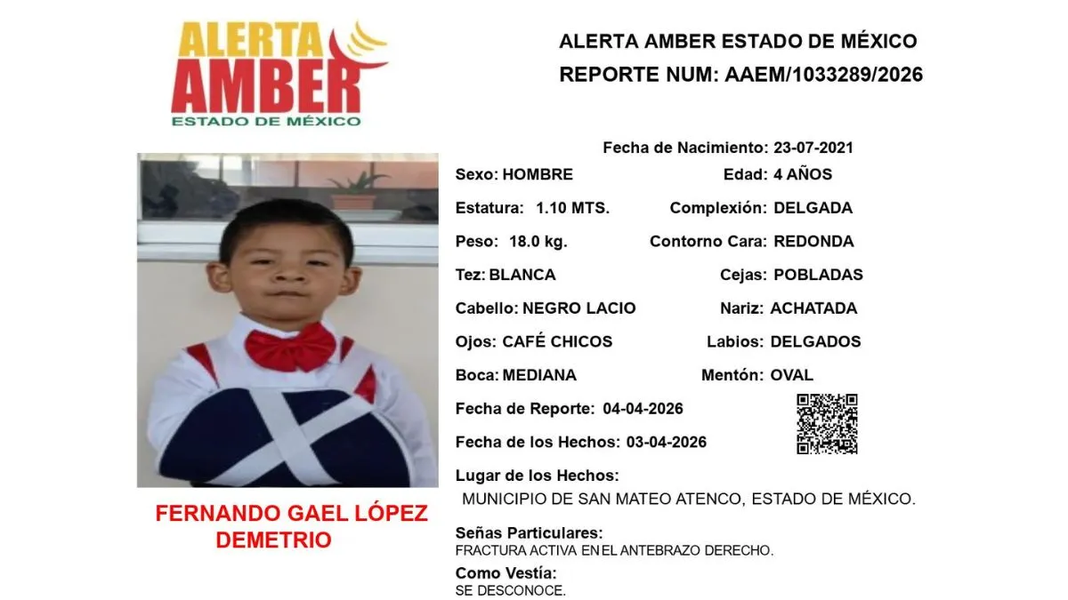 Alerta Amber: Se busca a Fernando Gael López Demetrio; desapareció en San Mateo Atenco