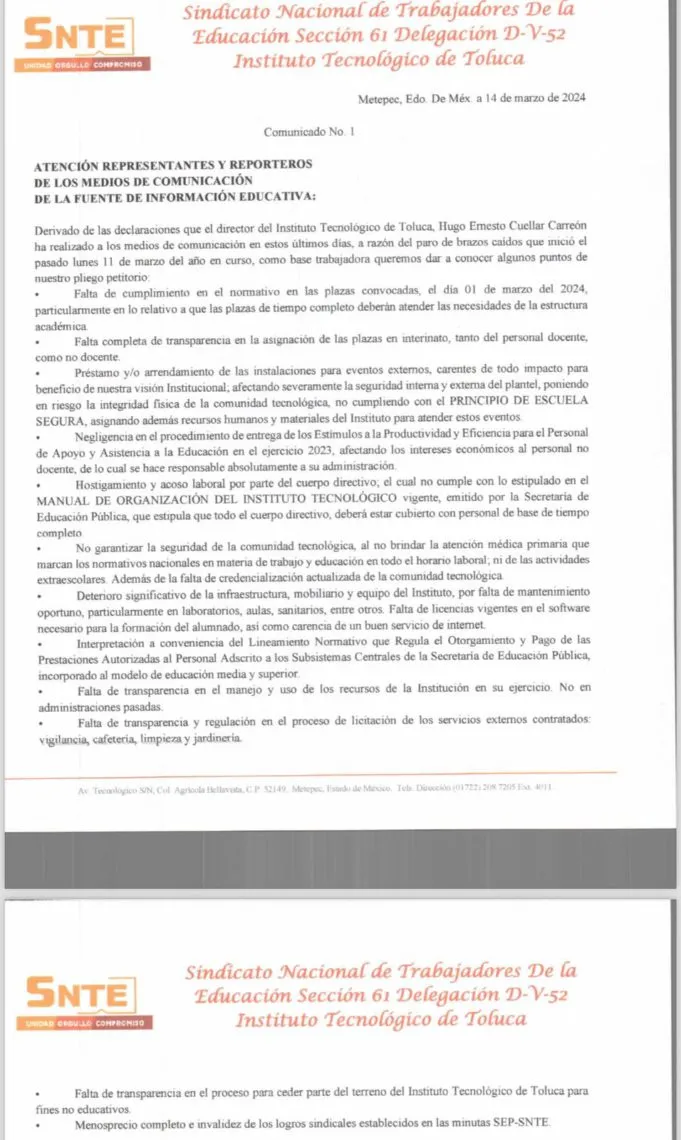 SNTE respalda huelga en el Instituto Tecnológico de Toluca