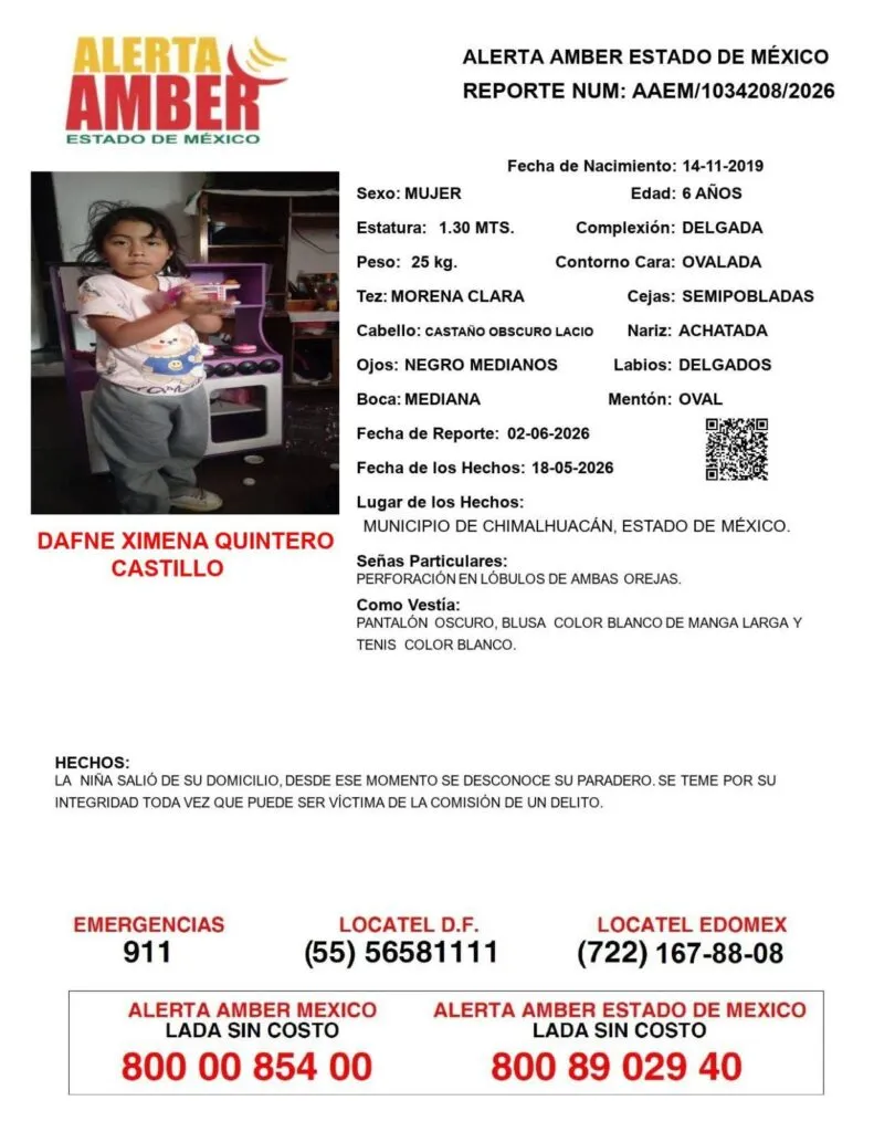 Alerta Amber: Se busca a Dafne Ximena Quintero Castillo; desapareció en Chimalhuacán