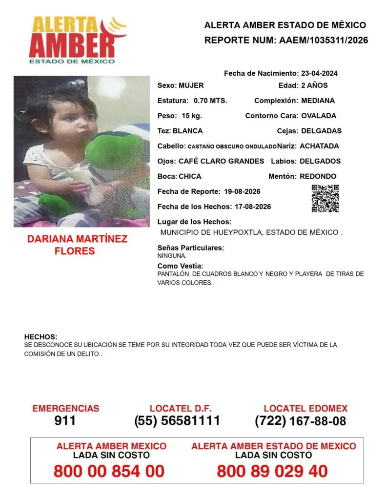 Alerta Amber: Se busca a Dariana Martínez Flores; desapareció en Hueypoxtla