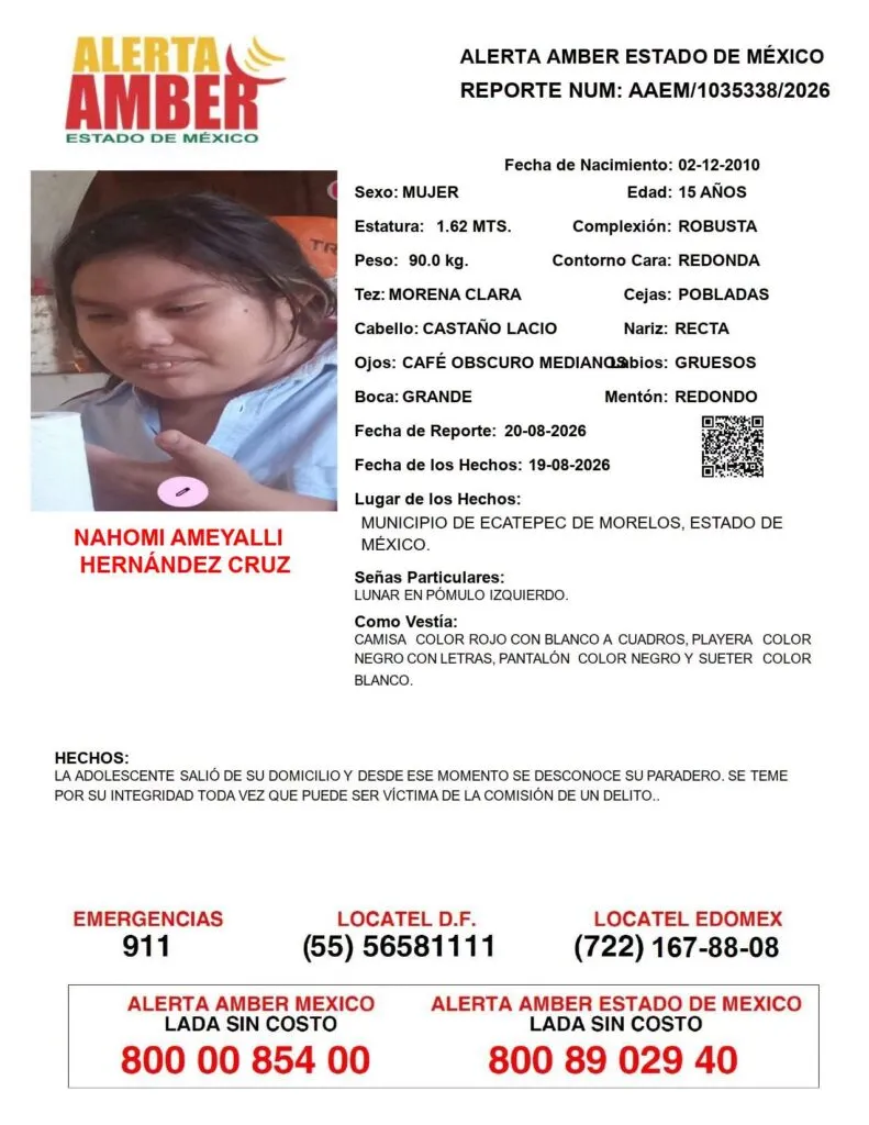 Alerta Amber: Se busca a Nahomi Ameyalli Hernández Cruz, desapareció en Ecatepec