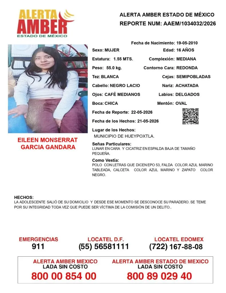 Alerta Amber: Se busca a Eileen Monserrat García Gandara, desaparecida en Hueypoxtla