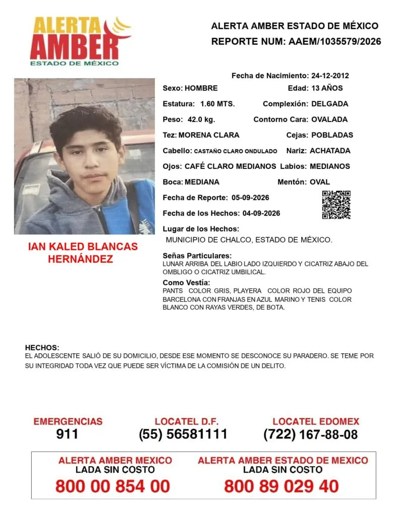 Alerta Amber: Se busca a Ian Kaled Blancas Hernández; desapareció en Chalco