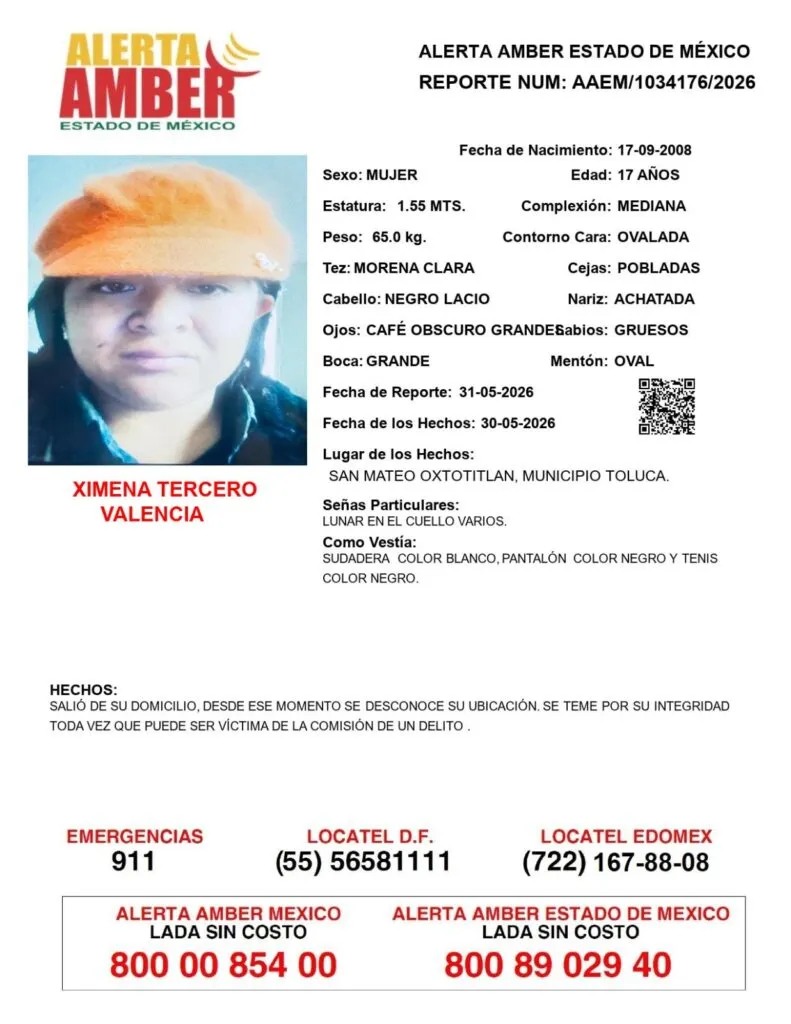 Alerta Amber: Se busca a Ximena Tercero Valencia; desapareció en Toluca