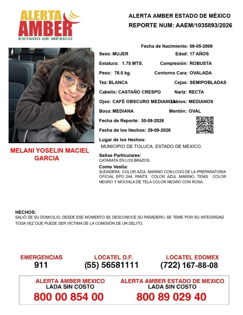 Alerta Amber: Se busca a Melani Yoselin Maciel García; desapareció en Toluca