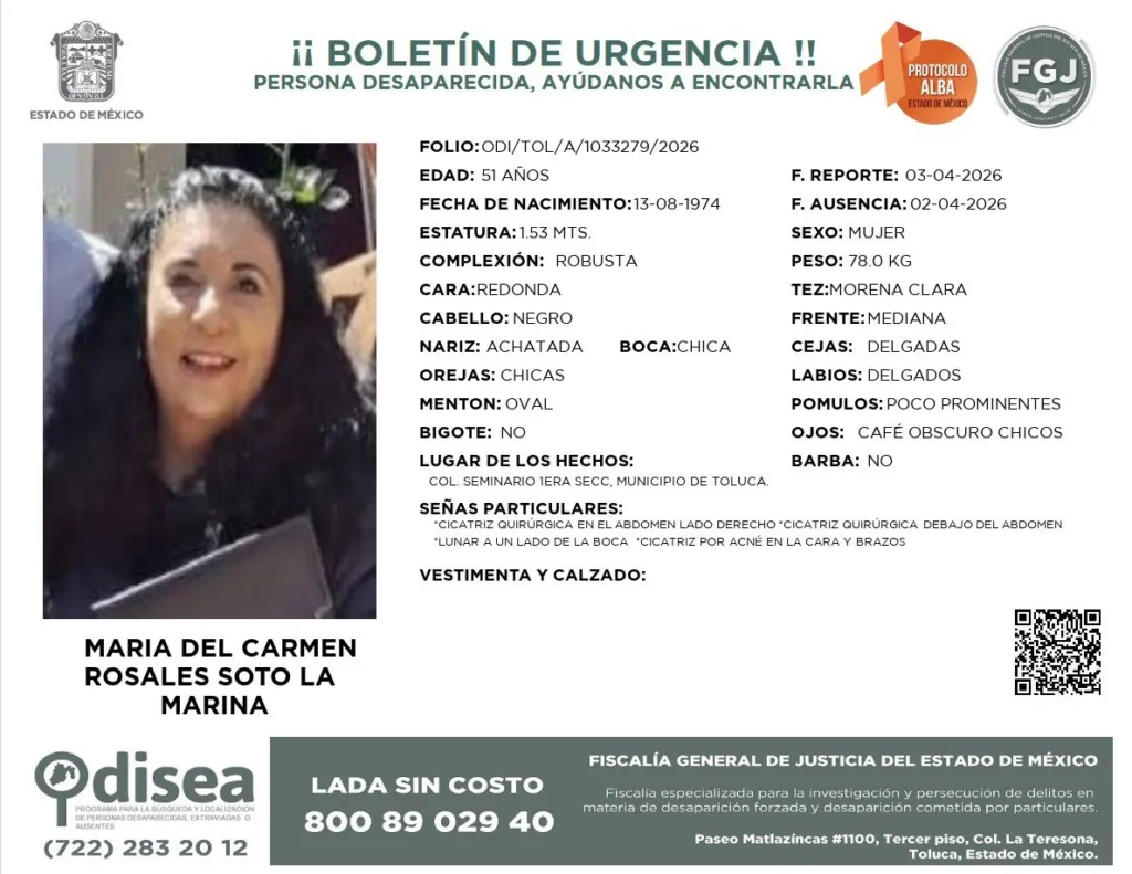 Sin localizar, María del Carmen Rosales en Edomex