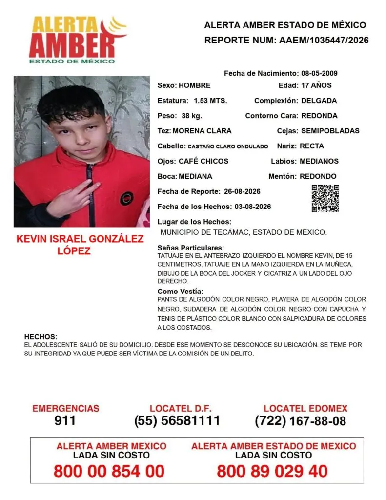 Alerta Amber: Se busca a Kevin Israel González López, desaparecido en Tecámac
