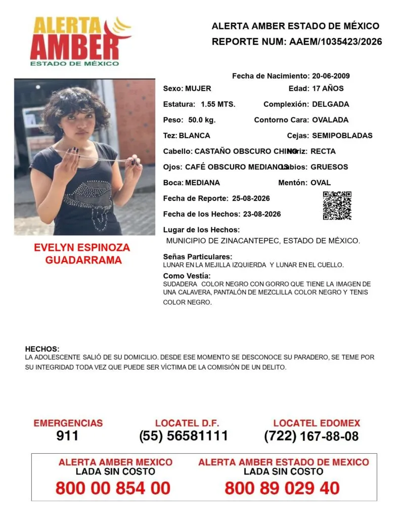 Alerta Amber: Se busca a Evelyn Espinoza Guadarrama; desapareció en Zinacantepec