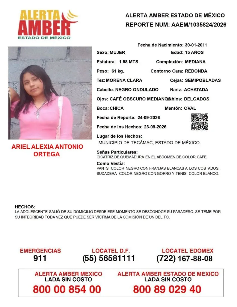 Alerta Amber: Se busca a Ariel Alexia Antonio Ortega, desapareció en Tecámac