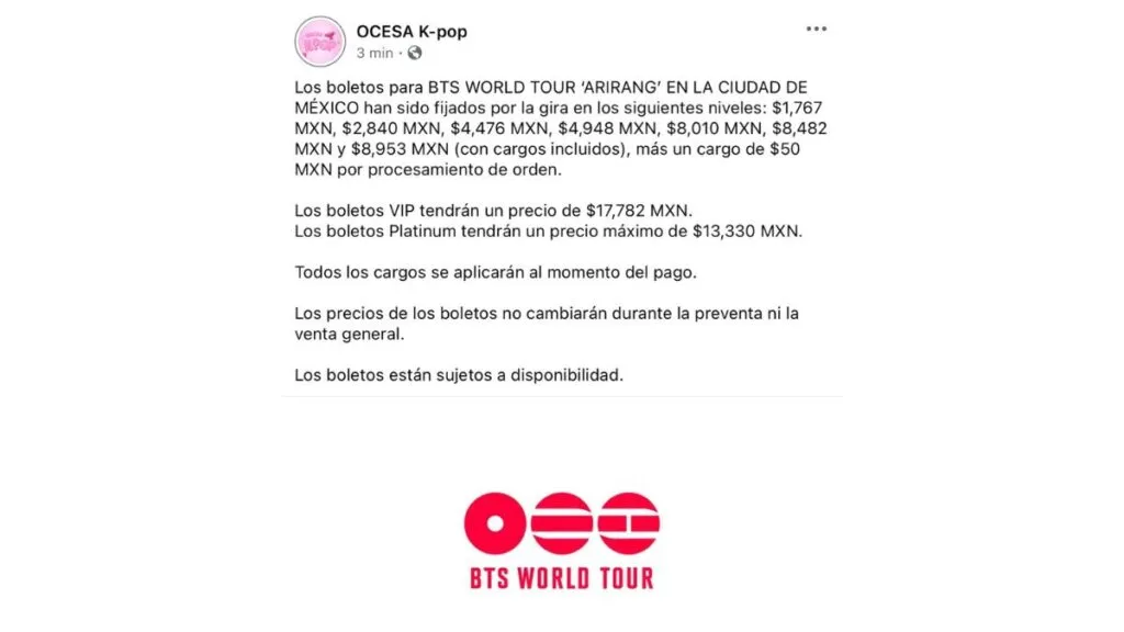 OCESA revela precios para el concierto de BTS en México