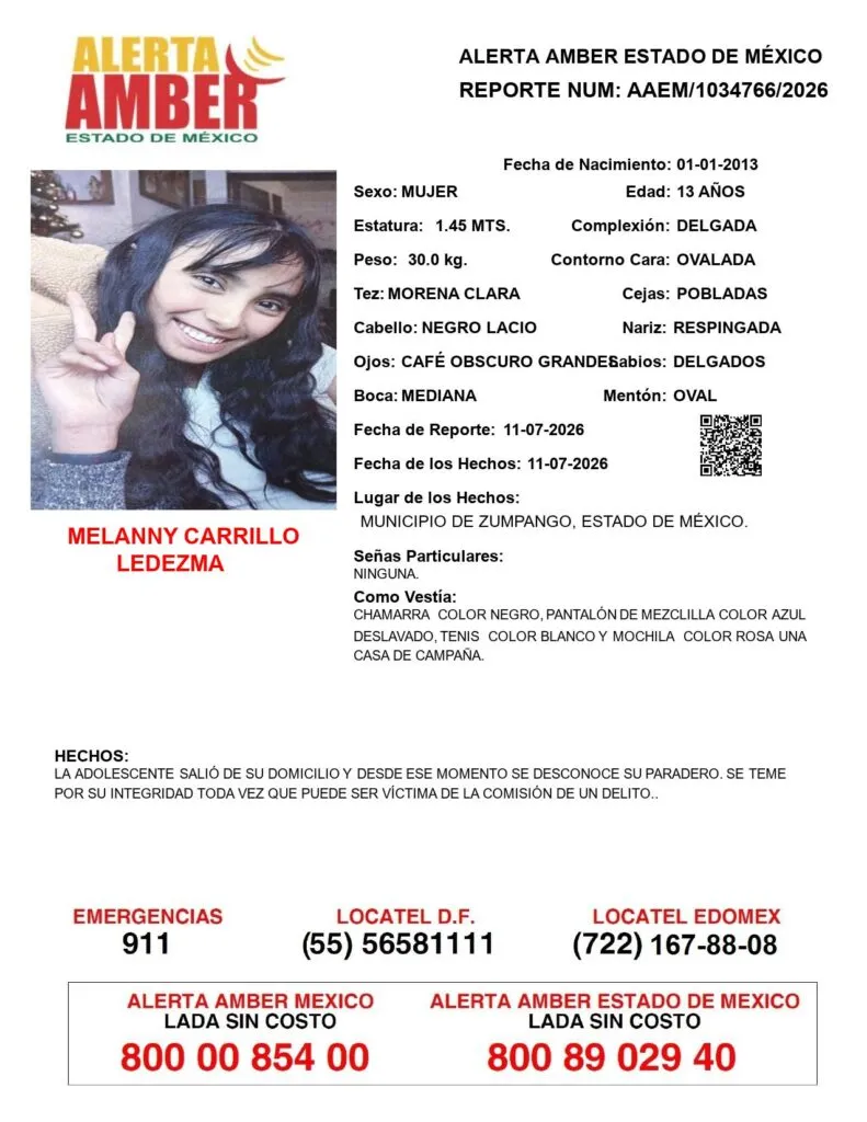 Alerta Amber: Se busca a Melanny Carrillo Ledezma; desapareció en Zumpango
