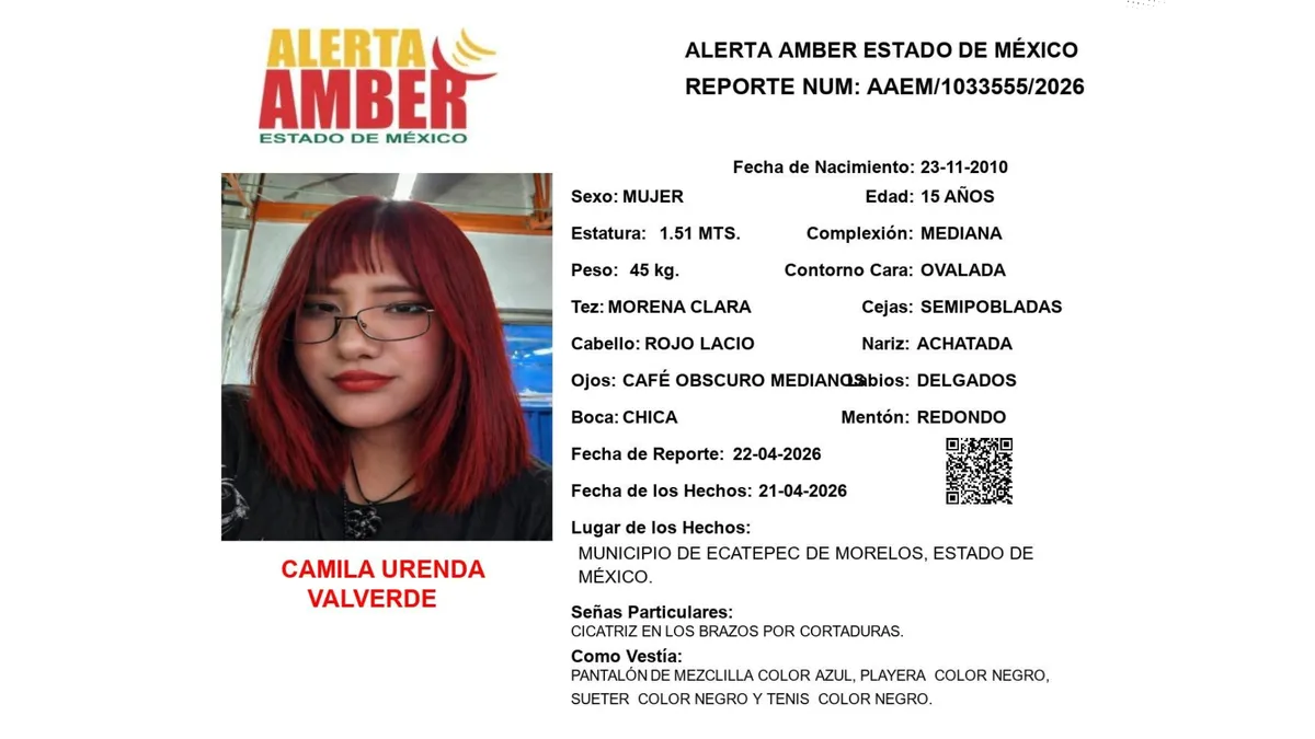 Alerta Amber: Se busca a Camila Urenda Valverde,  desaparecida en Ecatepec