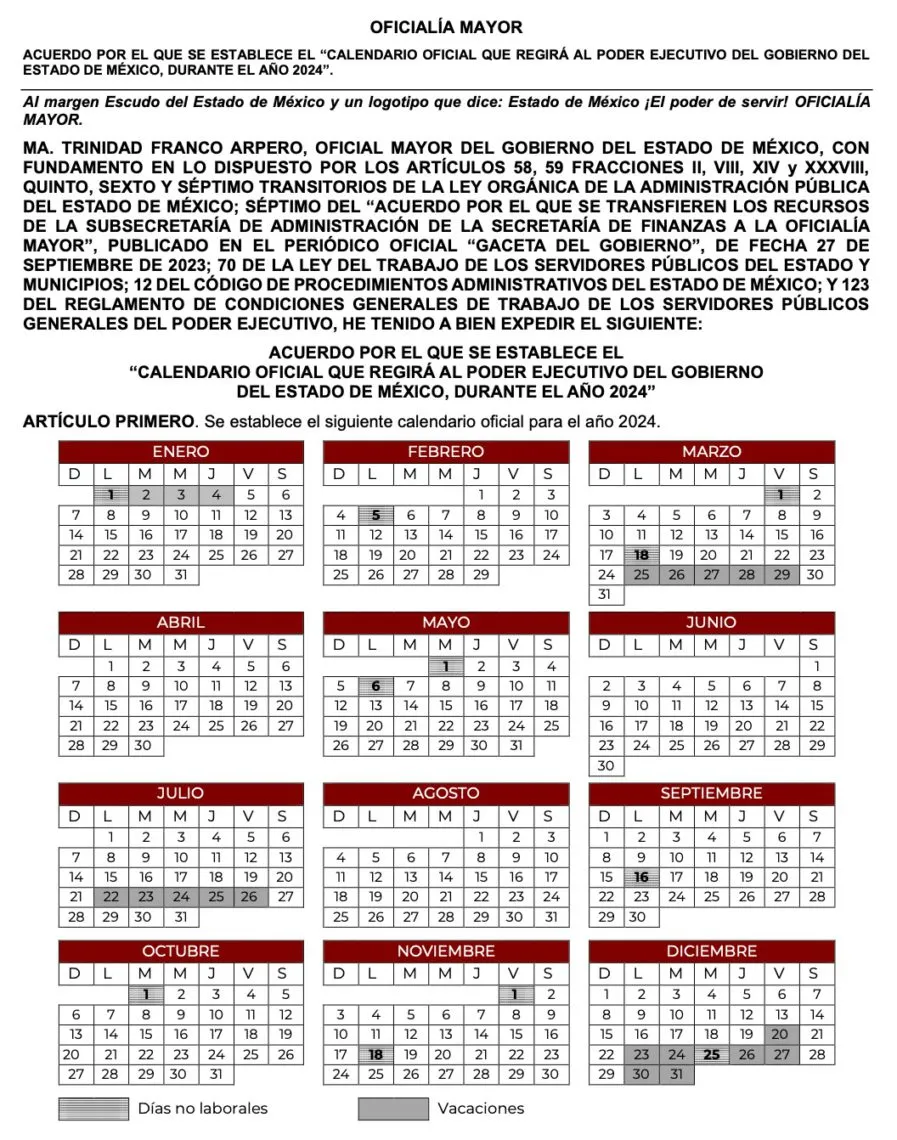 Este será el calendario laboral 2024 de Gobierno del Estado de México