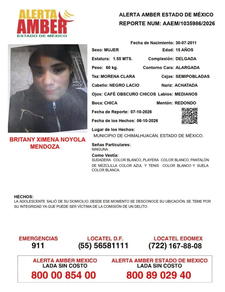 Alerta Amber: Se busca a Britany Ximena Noyola Mendoza
