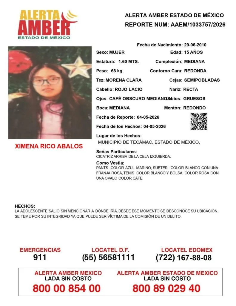 Alerta Amber: Se busca a Ximena Rico Ábalos, desaparecida en Tecámac