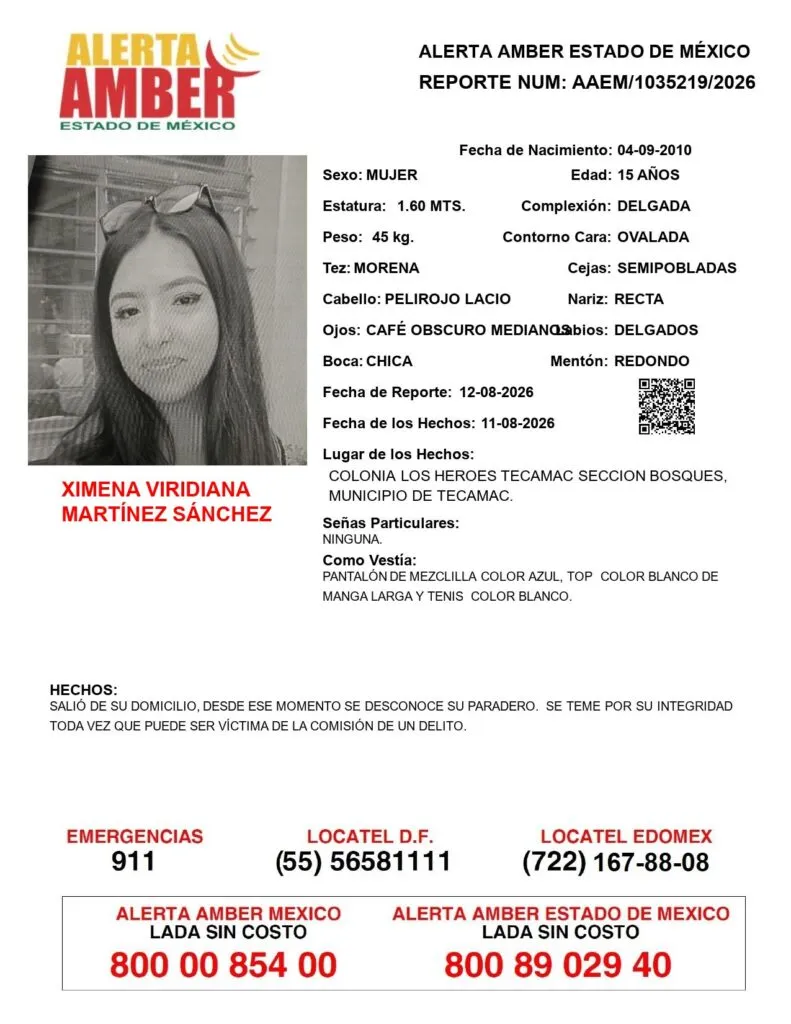 Alerta Amber: Se busca a Ximena Viridiana Martínez Sánchez; desapareció en Tecámac