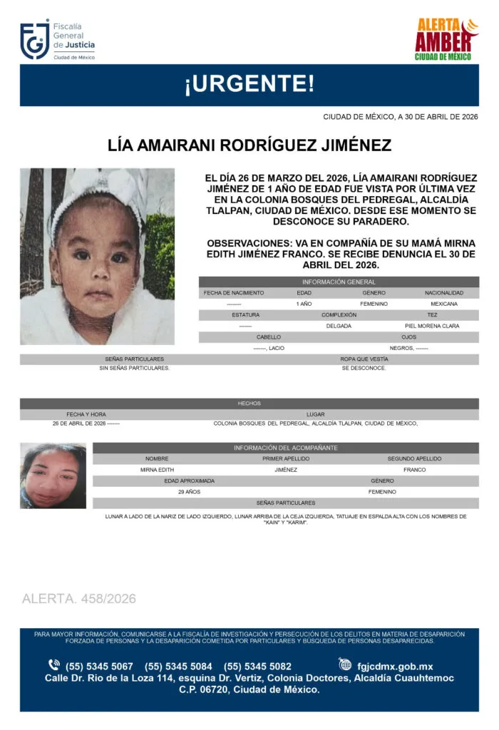 Alerta Amber: Se busca a Lía Amairani Rodríguez Jiménez de 1 año, desapareció en Tlalpan, CDMX