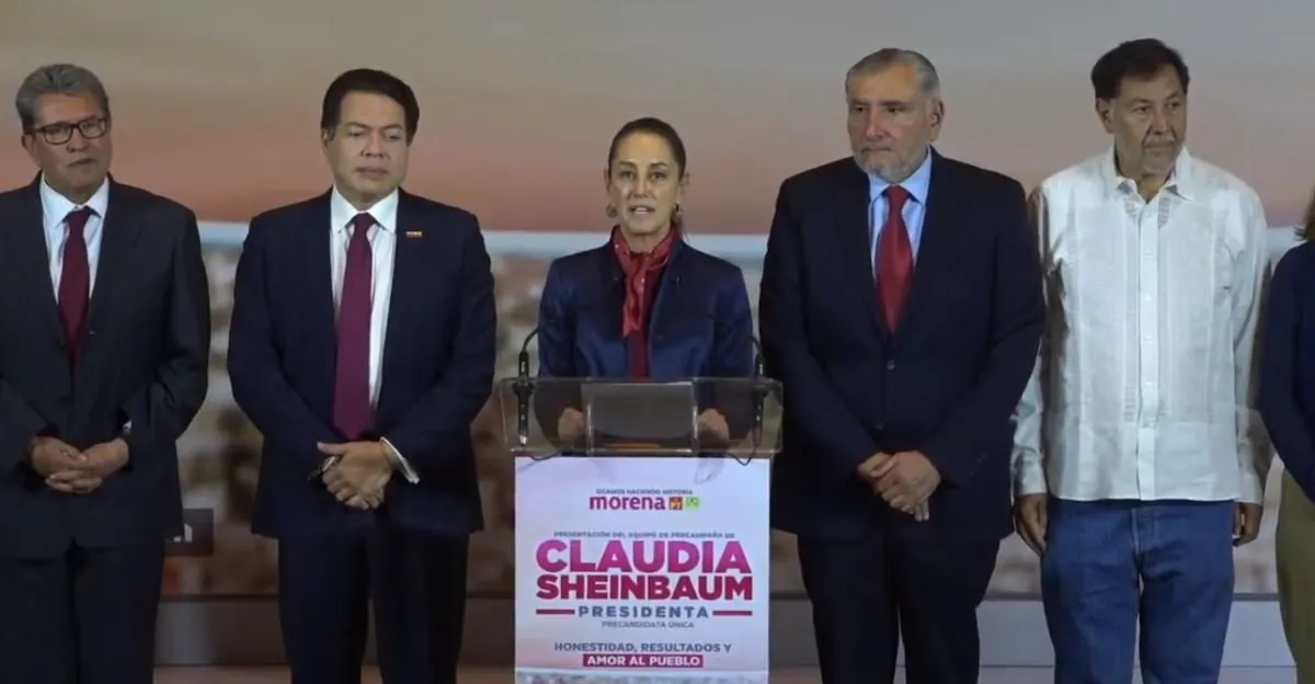 La precandidata de la coalición "Sigamos Haciendo Historia" (Morena, PT y PVEM), nombró a Mario Delgado, presidente nacional guinda, como el coordinador de su precampaña. Foto: Captura
