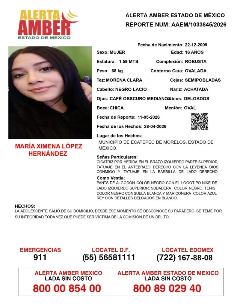Alerta Amber: Se busca a María Ximena López Hernández; desapareció en Ecatepec