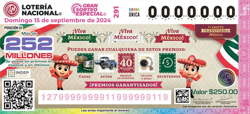 Lanza LOTENAL boleto en 250 PESOS del 15 de septiembre; sorteará 40 mdp en casas, relojes y joyas