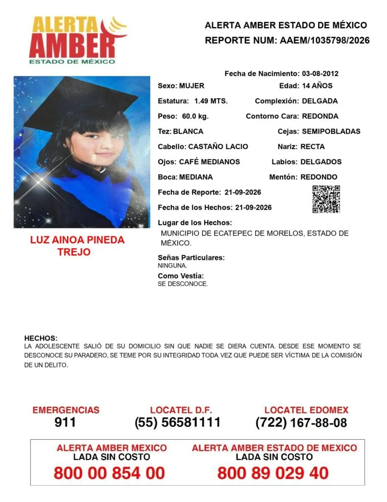 Alerta Amber: Se busca a Luz Ainoa Pineda Trejo; desapareció en Ecatepec