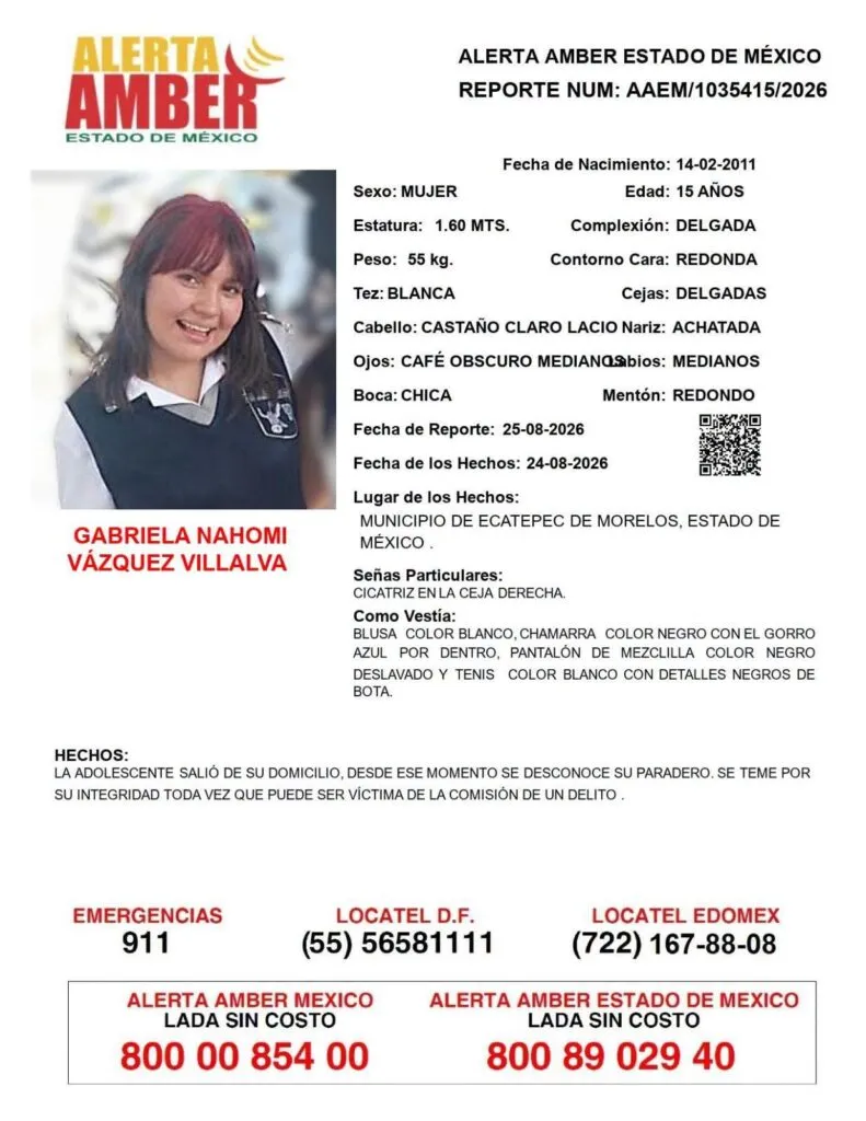 Alerta Amber: Se busca a Gabriela Nahomi Vázquez Villalva, desaparecida en Ecatepec