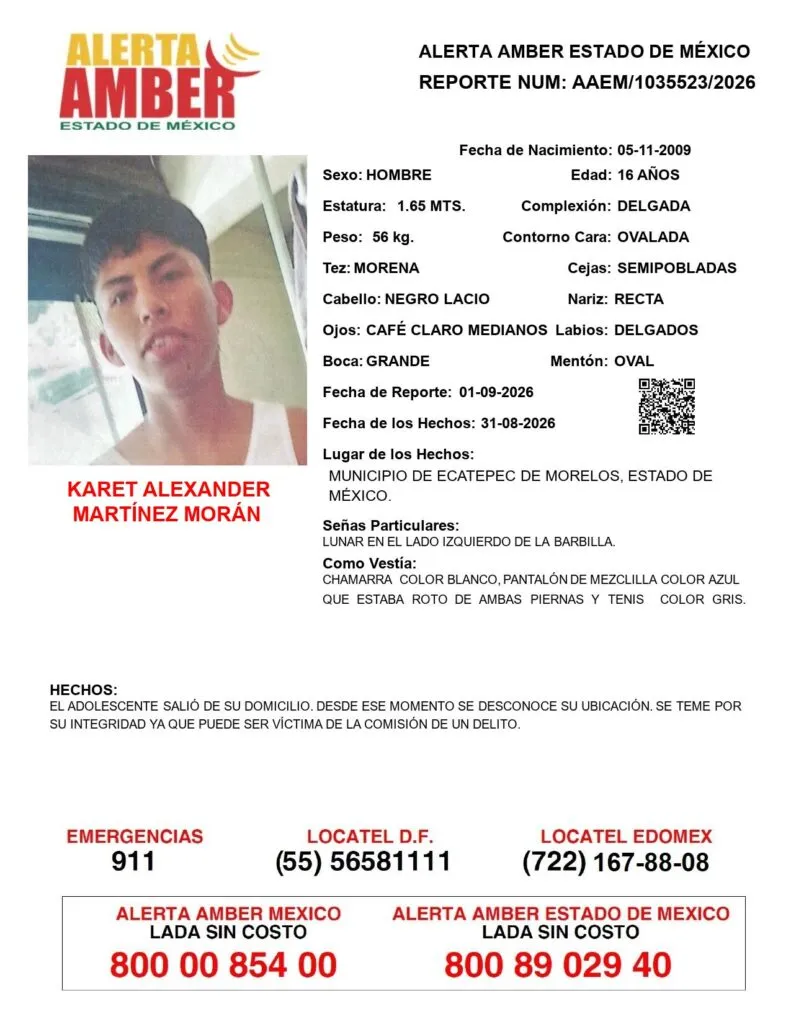 Alerta Amber: Se busca a Karet Alexander Martínez Morán; desapareció en Ecatepec