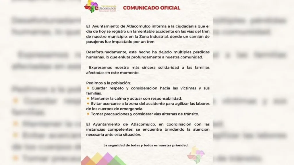 Atlacomulco y San Felipe emiten comunicado tras accidente de tren y autobús