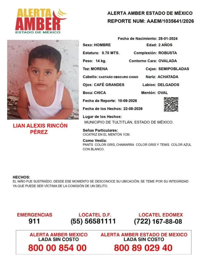 Alerta Amber: Se busca a Lian Alexis Rincón Pérez, desaparecido en Tultitlán