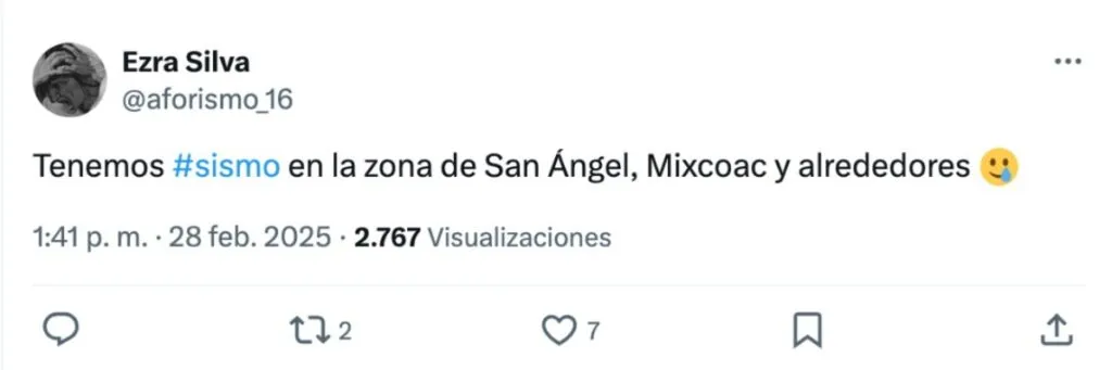 Se registra sismo, es percibido en Edomex y CDMX
