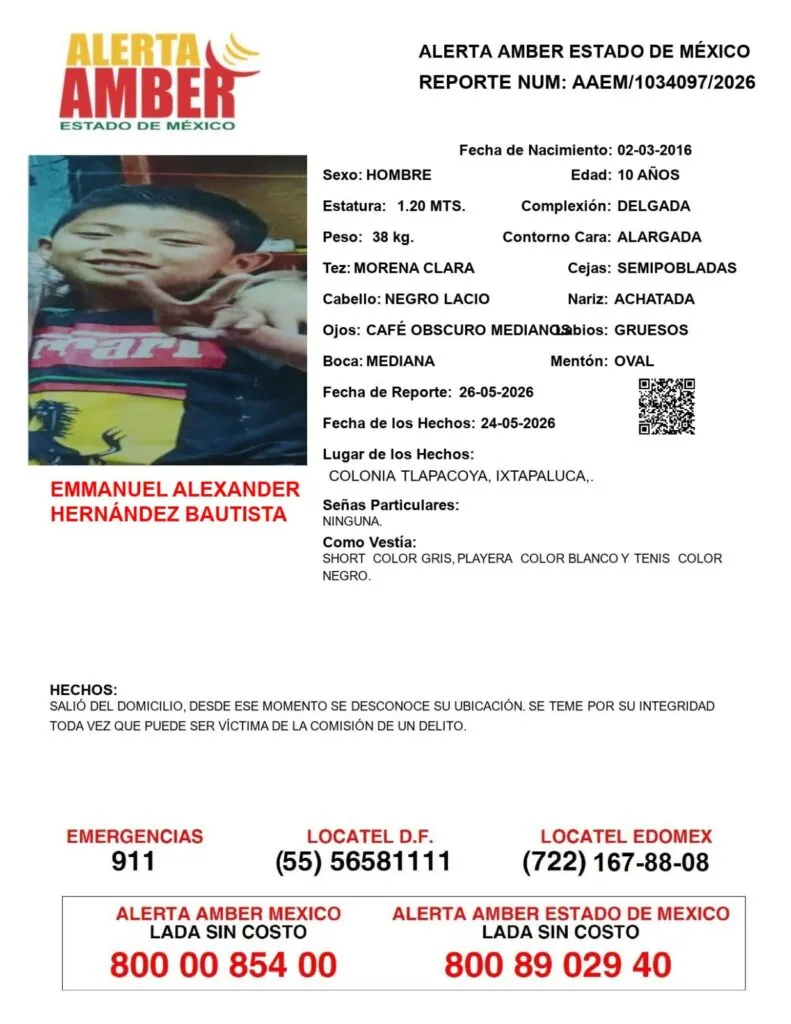 Alerta Amber: Se busca a Emmanuel Alexander Hernández Bautista; desapareció en Ixtapaluca