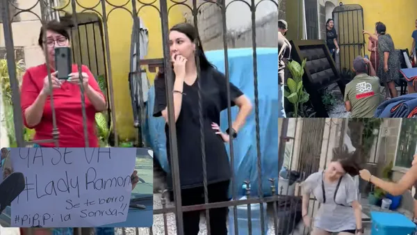 Momento en que las invasoras abandonan la casa entre gritos, tras ser expuestas en TikTok y presionadas por la comunidad.