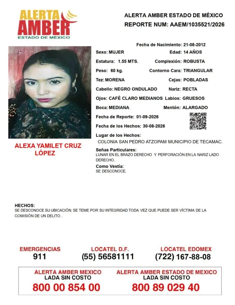 Alerta Amber: Se busca a Alexa Yamilet Cruz López,  desaparecida en Tecámac