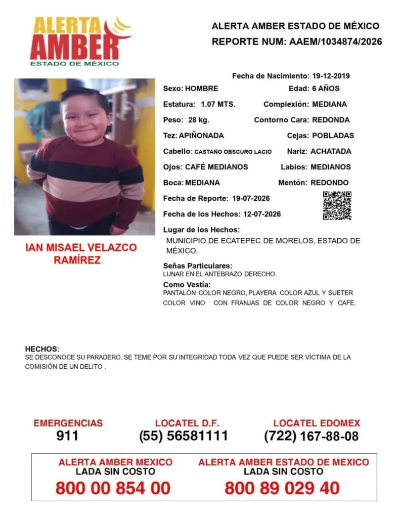 Alerta Amber: Se busca a Ian Misael Velazco Ramírez, desaparecido en  Ecatepec