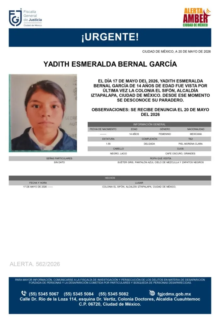 Alerta Amber: Se busca a Yadith Esmeralda Bernal García de 14 años, desapareció en Iztapalapa, CDMX