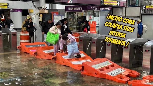 Usuarios cruzan barreras improvisadas por inundación en Pantitlán tras tormenta que afectó el Metro CDMX.