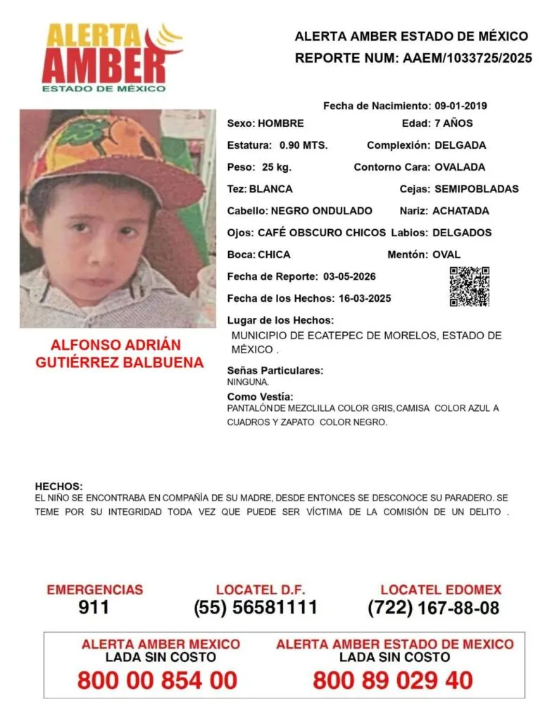 Alerta Amber: Se busca a Alfonso Adrián Gutiérrez Balbuena, desaparecido en Ecatepec