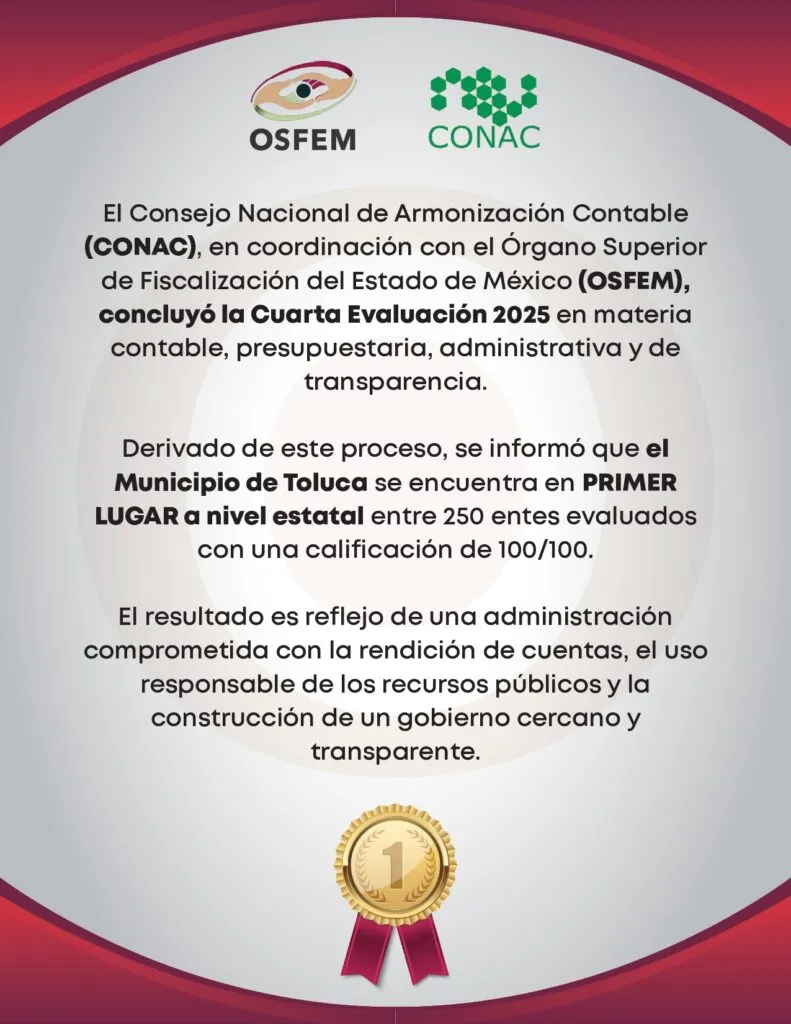Toluca obtiene primer lugar estatal en armonización contable; reconocen CONAC Y OSFEM su excelencia en transparencia