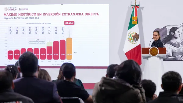 México alcanza máximo histórico en inversión extranjera, destaca Claudia Sheinbaum en Palacio Nacional.