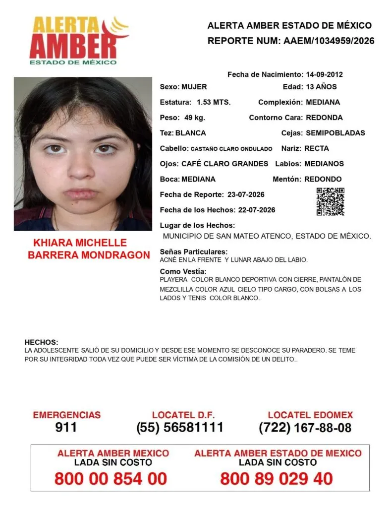 Alerta Amber: Se busca a Khiara Michelle Barrera Mondragón, desaparecida en San Mateo Atenco