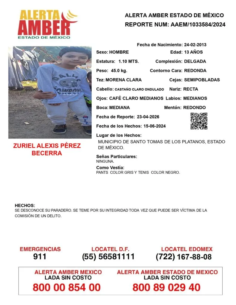 Alerta Amber: Se busca a Zuriel Alexis Pérez Becerra, desapareció en Santo Tomás de los Plátanos
