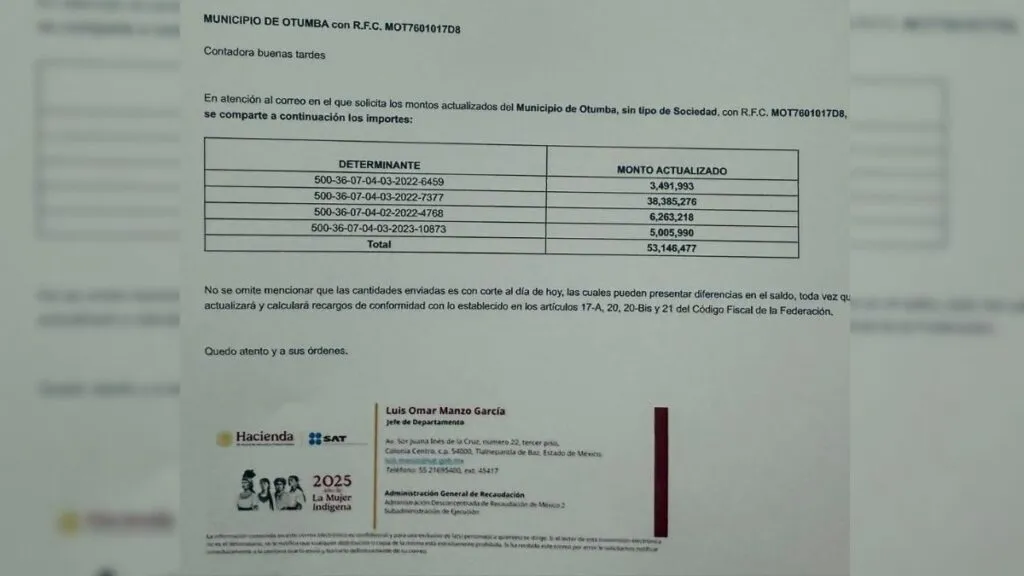 Otumba adeuda más de 53 mdp al SAT