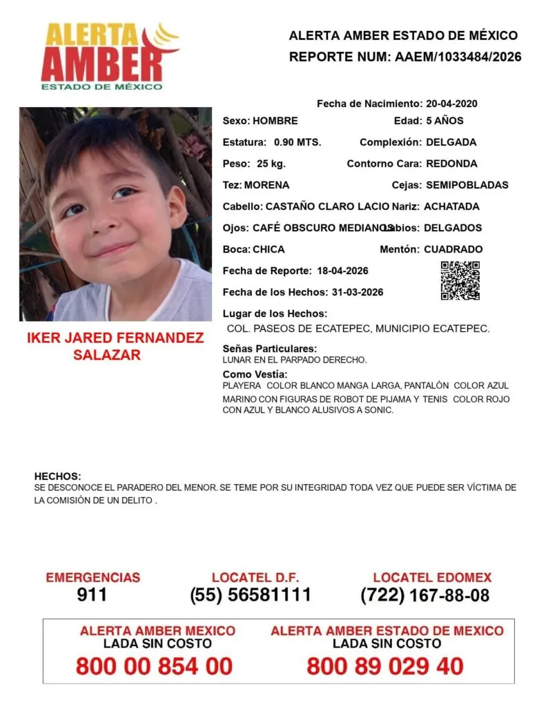 Alerta Amber: Se busca a Iker Jared Fernández Salazar, desaparecido en Ecatepec