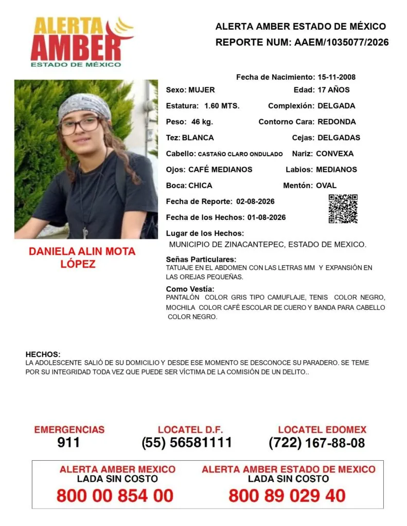 Alerta Amber: Se busca a Daniela Alin Mota López; desapareció en Zinacantepec