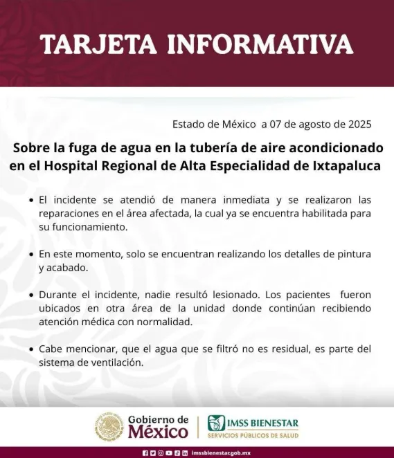 Cae techo en Hospital de Alta Especialidad de Ixtapaluca; reparan de inmediato
