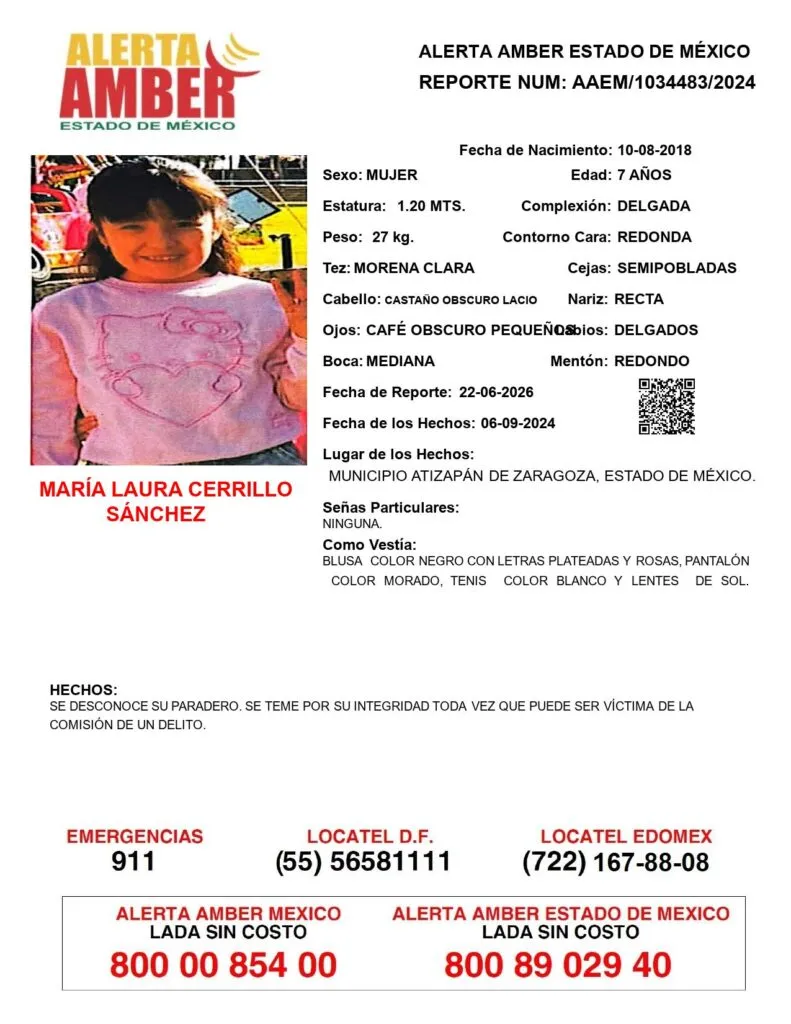 Alerta Amber: Se busca a María Laura Cerrillo Sánchez; desapareció en Atizapán