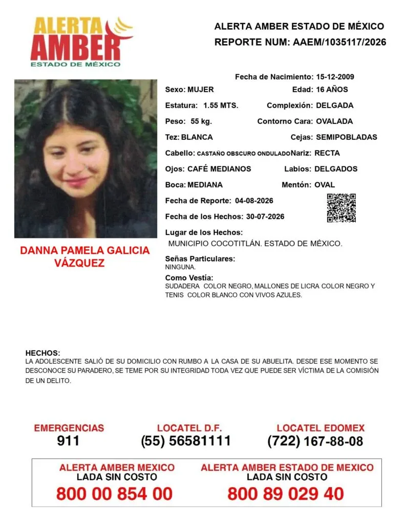 Alerta Amber: Se busca a Danna Pamela Galicia Vázquez; desapareció en Cocotitlán