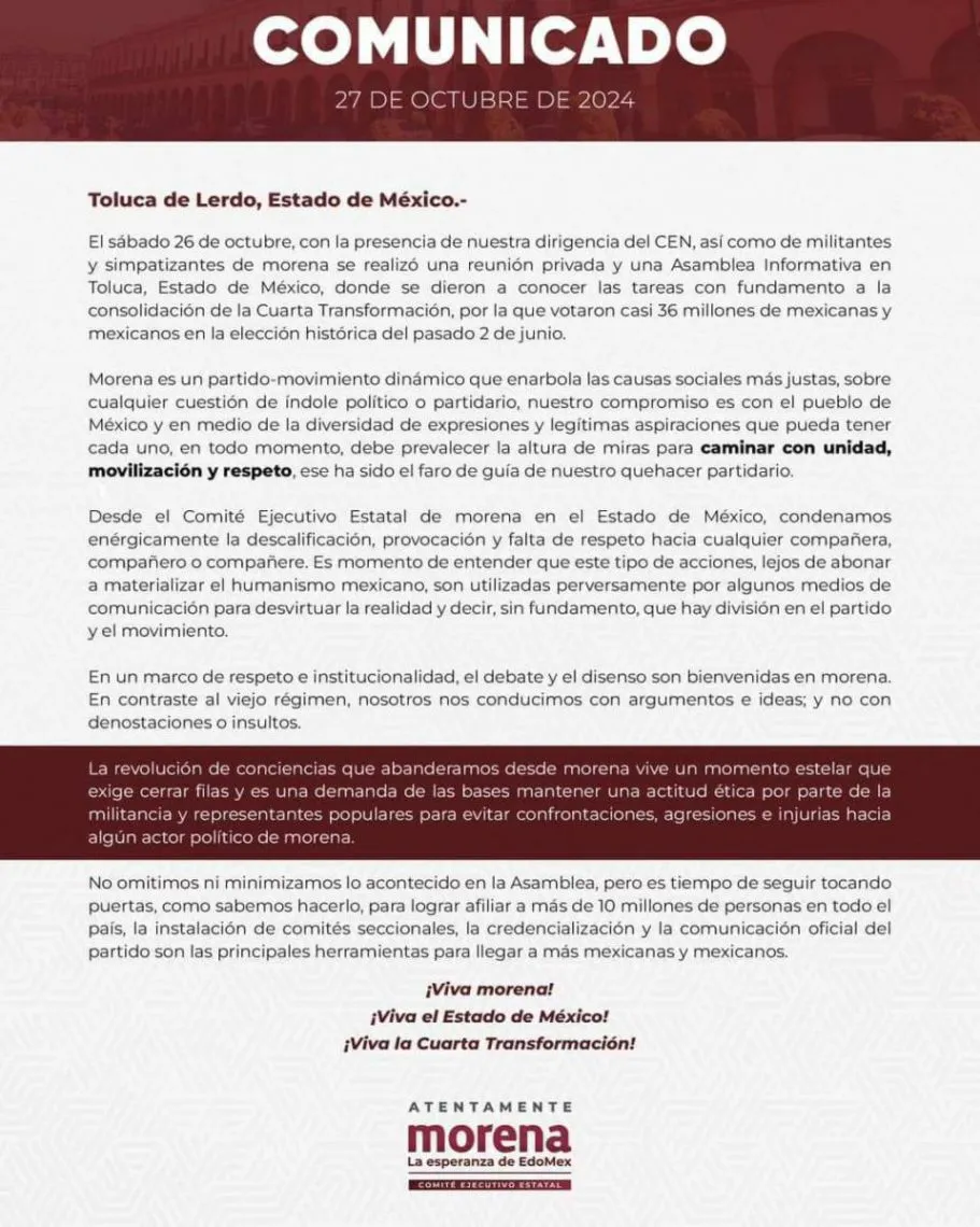 Morena condena faltas de respeto y llama a unidad tras asamblea en Toluca